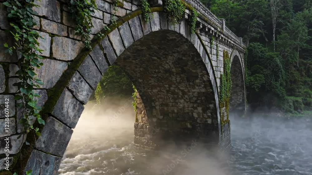 Poster mystical stone bridge over a misty river surrounded by lush greenery in a tranquil forest setting