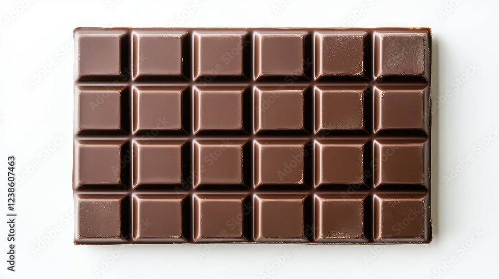 Poster a close-up view of a dark chocolate bar with square segments on a clean white surface, highlighting 