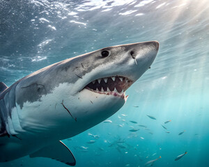 Fototapeta premium A great white shark swims through the ocean with a school of fish nearby. 