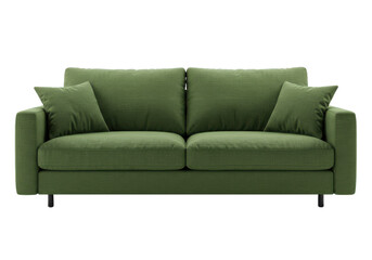 Modern green fabric sofa with two large cushions and two side pillows, isolated on white background
