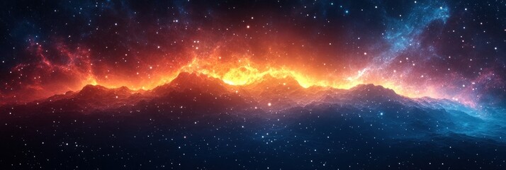 Obraz premium Fiery nebula cosmic landscape with orange and blue hues.