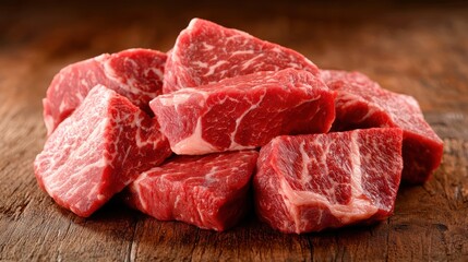 A close-up of marbled raw beef chunks resting on a wooden surface, showcasing rich colors and textures, ideal for grilling or cooking.