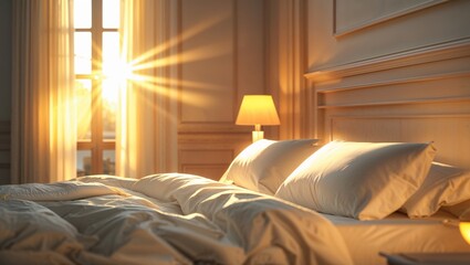 Sunlight streaming through curtains in a cozy bedroom at dawn