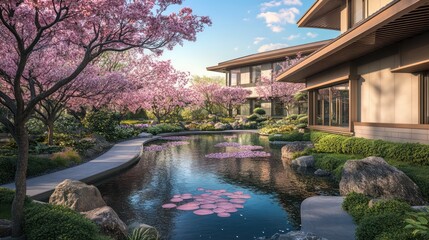 An elegant Japanese garden featuring a pond surrounded by cherry blossoms and lotus flowers