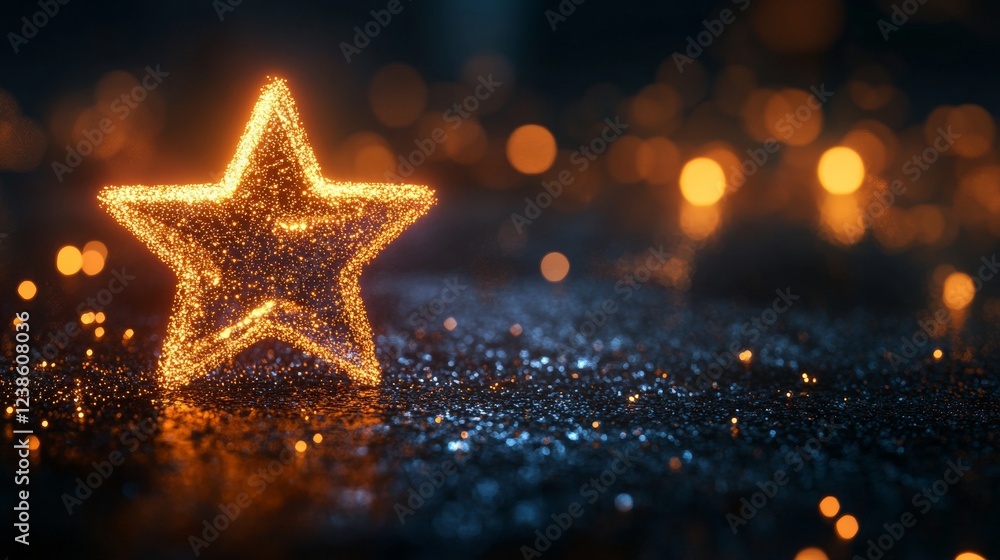 Poster glowing 3d star surrounded by tiny dots on a dark background