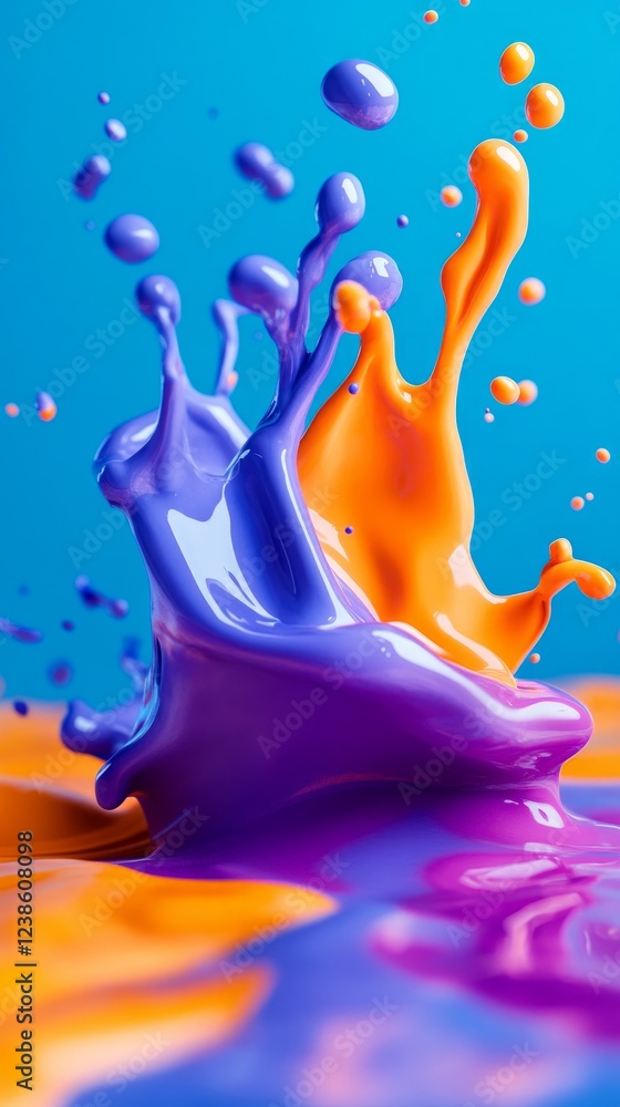 Poster drops of purple and orange paint collide, creating dynamic splashes that ripple in a glossy surface,