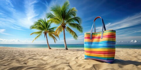 Obraz premium A colorful tote bag mockup on a sandy beach during a sunny summer day with palm trees and clear blue sky , palm tree