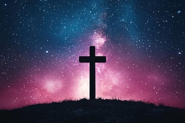 Cross in Starry Night Sky Surrealism with Ethereal Lighting and Vibrant Colors