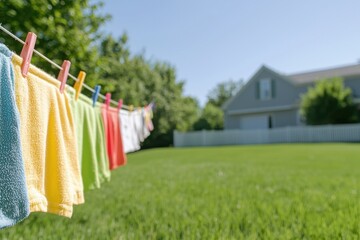 Colorful clothes drying on a clothesline with clothespins in a green backyard. Eco-friendly laundry drying concept