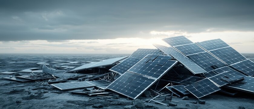 A pile of solar panels lies in a desolate, stormy landscape, showcasing the theme of renewable energy amidst environmental challenges.