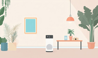 Modern interior showcasing a stylish plant, artwork, and a home appliance in a bright, inviting space.