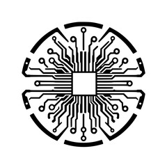 Abstract Technology Microchip Circuit Board Design: Futuristic Circular Network System.  A modern, graphic representation of digital innovation and engineering.