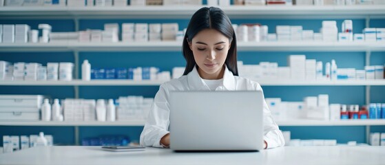 A pharmacist in a lab coat works on a laptop in front of shelves filled with various pharmaceutical products.