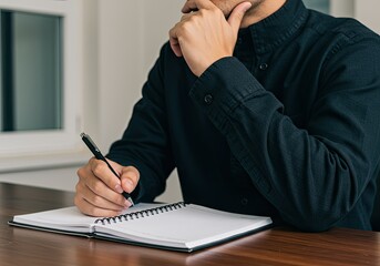 man holding pen and diary and thinking about work