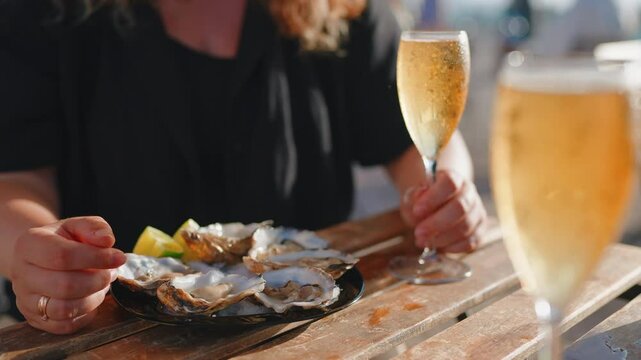 woman at dinner in seafood restaurant