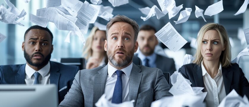 A tense office scene with employees shocked by flying papers, depicting chaos and stress in a corporate environment.