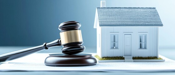 Obraz premium A gavel rests beside a small house model, symbolizing legal matters related to real estate or property law.