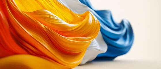 Soft fabric drapes in rich shades of blue and yellow create elegant waves, showcasing texture and movement in a serene setting