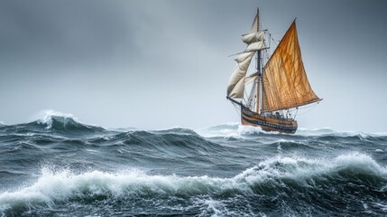 A Tall Ship Braving Rough Seas During A Storm