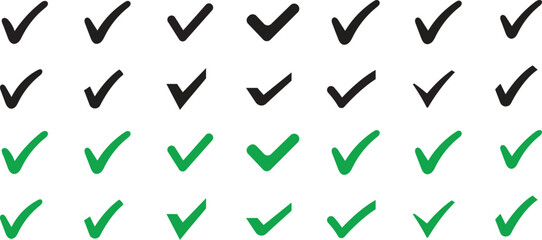 Black and green check mark icon set, Check mark icons collection. hand-drawn checkmark illustration, approval check icon isolated on transparent check mark symbols.	
