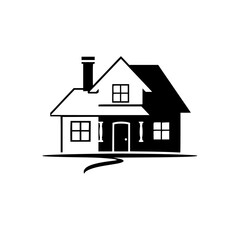 Modern House Illustration: Black and White Minimalist Home Design. Perfect for real estate, architecture, and home design projects.