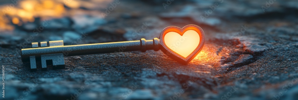 Poster 3d key with glowing heart at its core symbolizing love and connection
