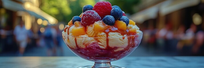 Delicious ice cream sundae with fresh raspberries, blueberries, and peaches, drizzled with sauce.