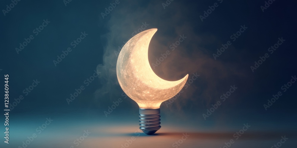 Poster 3d lightbulb shaped like a moon with soft glowing effect