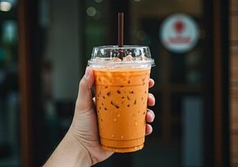 hand holding iced thai milk tea cup