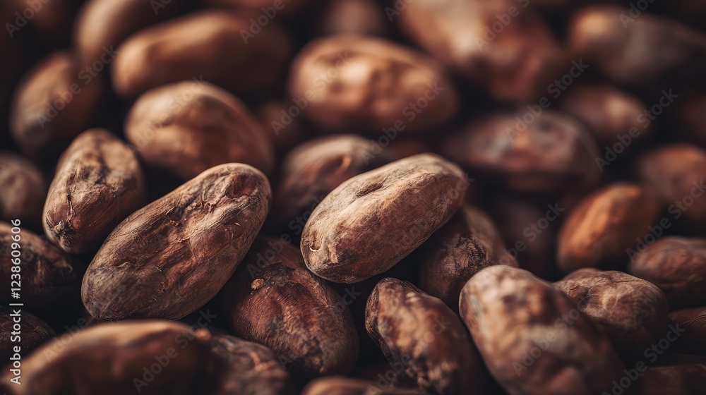 Poster close-up of rich and textured cocoa beans on a surface designed to highlight the unique characterist
