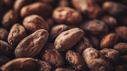 Obraz premium Close-Up of Rich and Textured Cocoa Beans on a Surface Designed to Highlight the Unique Characteristics and Natural Colors of the Chocolate Ingredient