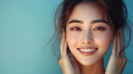 Naklejka premium Young Korean woman smiling brightly while enjoying a moment of self-care against a vibrant blue background