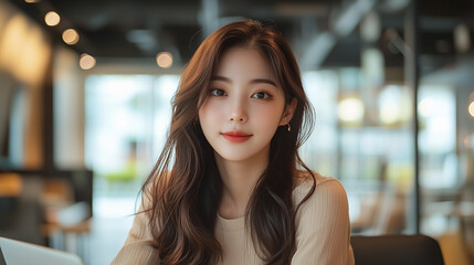 Young woman with long hair studies in modern cafe during daytime in Korea while using laptop