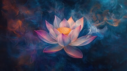 An illuminated lotus in radiant pastel hues, floating over a dark smoky background