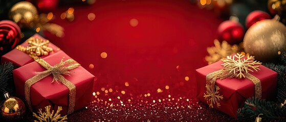 Festive Christmas Arrangement with Red Gift Boxes and Golden Decorations