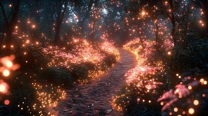 Magical forest path, glowing plants, night scene, fantasy background, game design