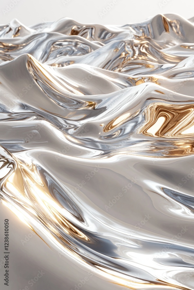 Poster a metallic surface with smooth undulating waves glimmers in silver and gold shades, creating a seren
