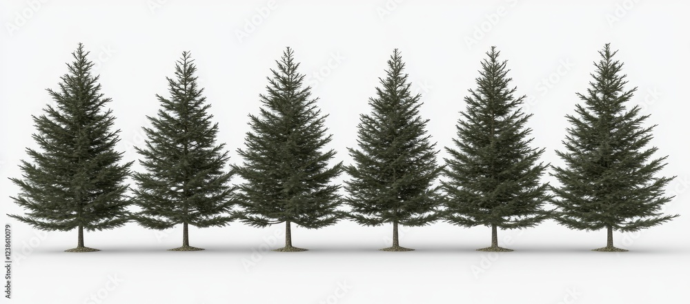 Poster six dark green evergreen trees stand in a row against a bright white background. the trees are simil