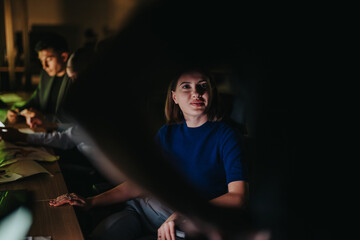 Diverse group of colleagues brainstorm late at night in a dimly lit office, focused on meeting...