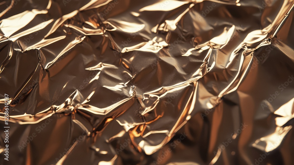 Poster close-up view of crumpled and shiny metallic foil textured surface with reflective light patterns id