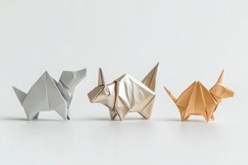 Origami dinosaurs: silver, gold, bronze creations on white background