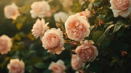 Beautiful Blooming Pink Roses in a Sunlit Garden with Green Leaves and Soft Focus, Capturing the Essence of Nature's Vibrant Colors and Delicate Petals