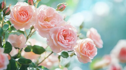 Beautiful Delicate Pink Roses Blooming Gracefully in a Lush Garden Setting with Soft Natural Light Highlighting Their Petals and Surrounding Foliage