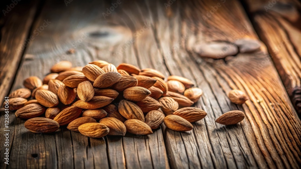 Poster a heap of shelled almonds resting on a rustic wooden surface
