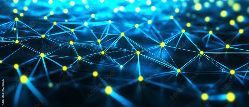 Poster luminous dots connected by bright lines create an intricate network, symbolizing digital communicati