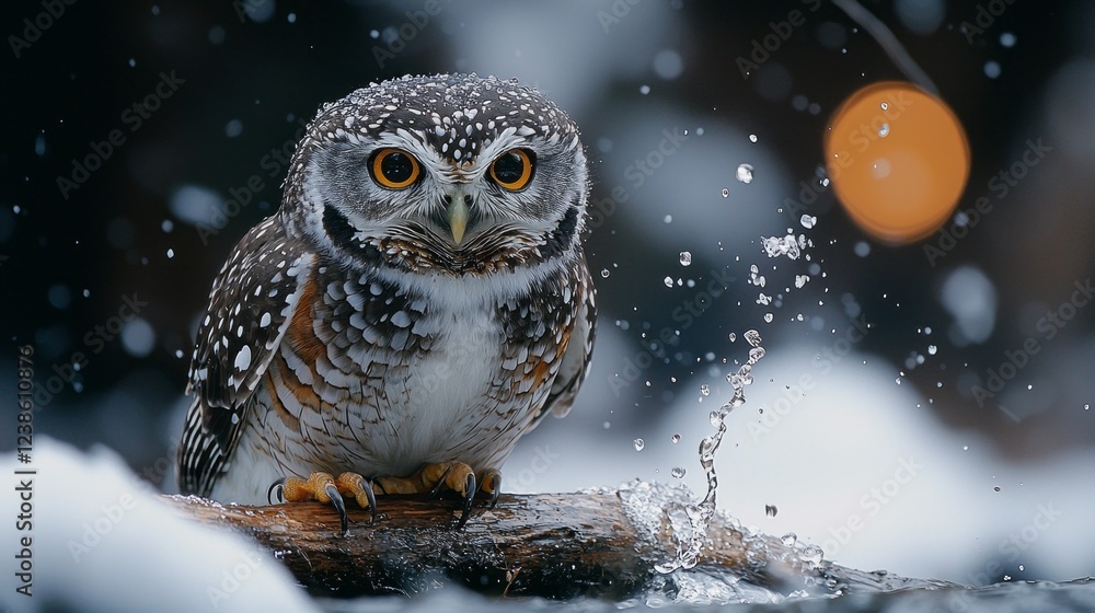 Poster a beautiful snowy owl rests on a log amidst a serene winter landscape, surrounded by falling snowfla