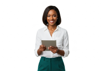 A smiling professional woman holding a tablet, wearing a white blouse and green trousers, isolated on a white background