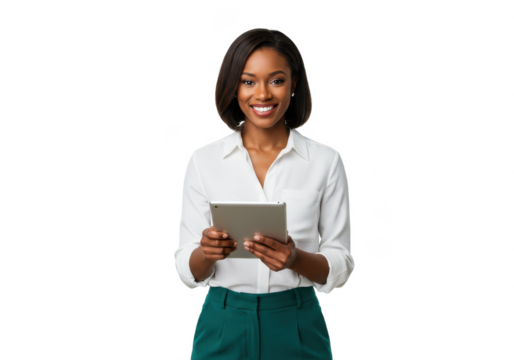 A smiling professional woman holding a tablet, wearing a white blouse and green trousers, isolated on a white background