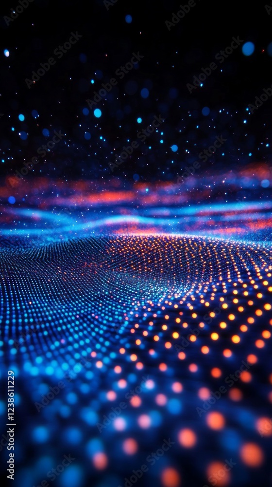 Poster a dynamic representation of an abstract landscape filled with glowing dots and flowing waves, showca