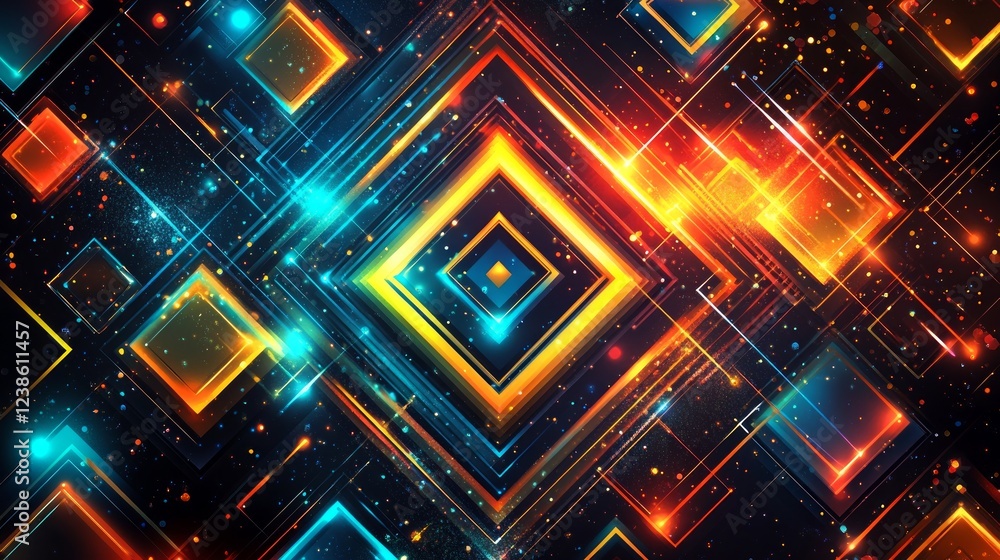 Poster bright geometric shapes with radiant colors create a dynamic visual display in this digital artwork,